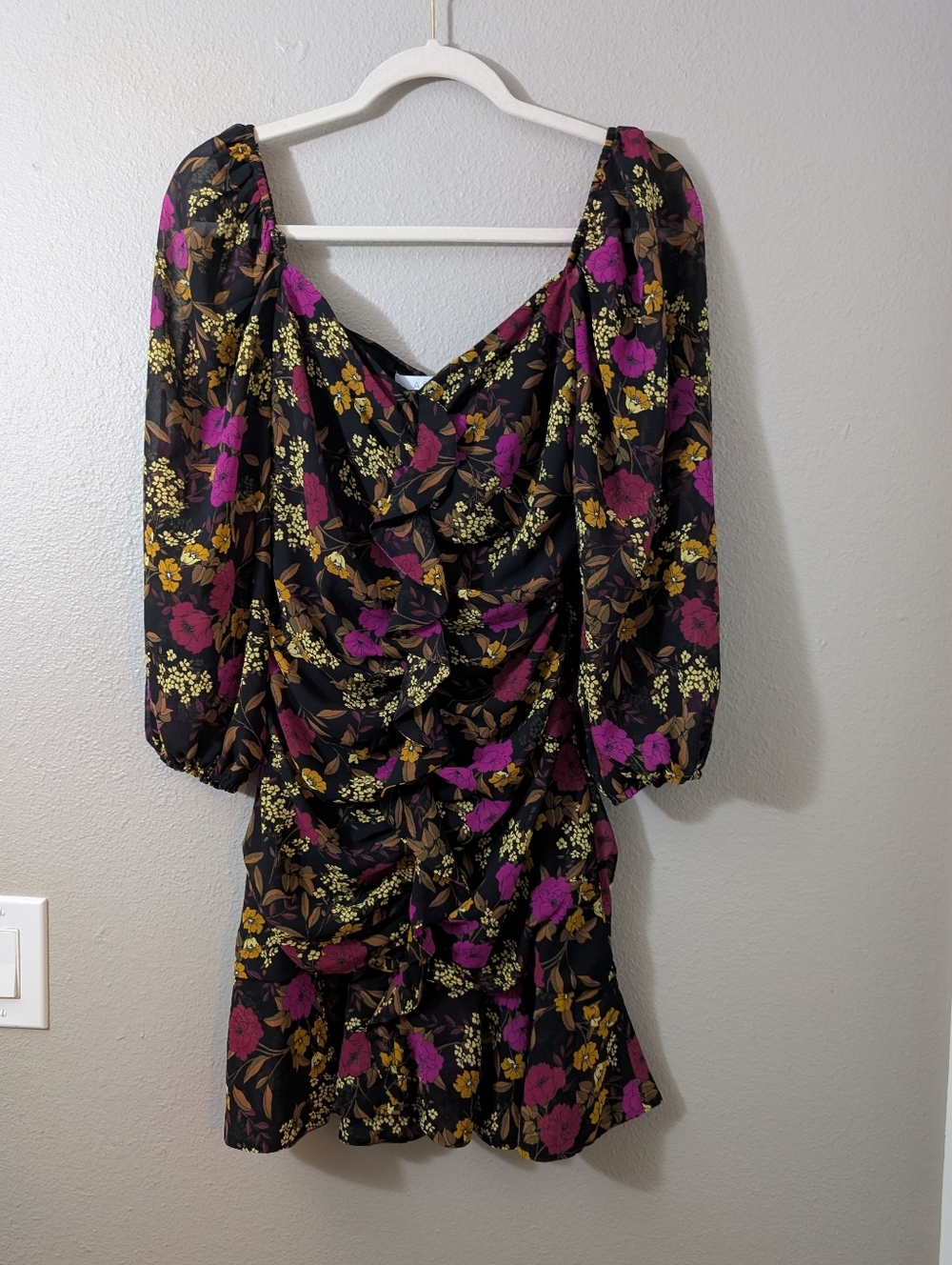 Astr Black Mini Dress with Purple and Yellow Floral Print